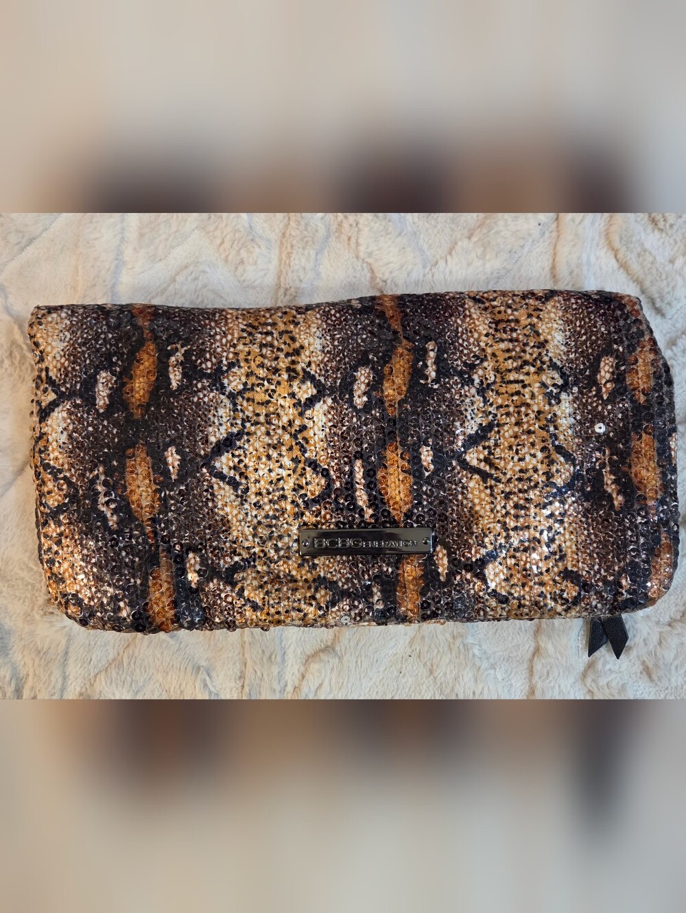 BCBGeneration Snake Print Sequin Clutch in Brown Gold Womans Fold‎ Over Purse